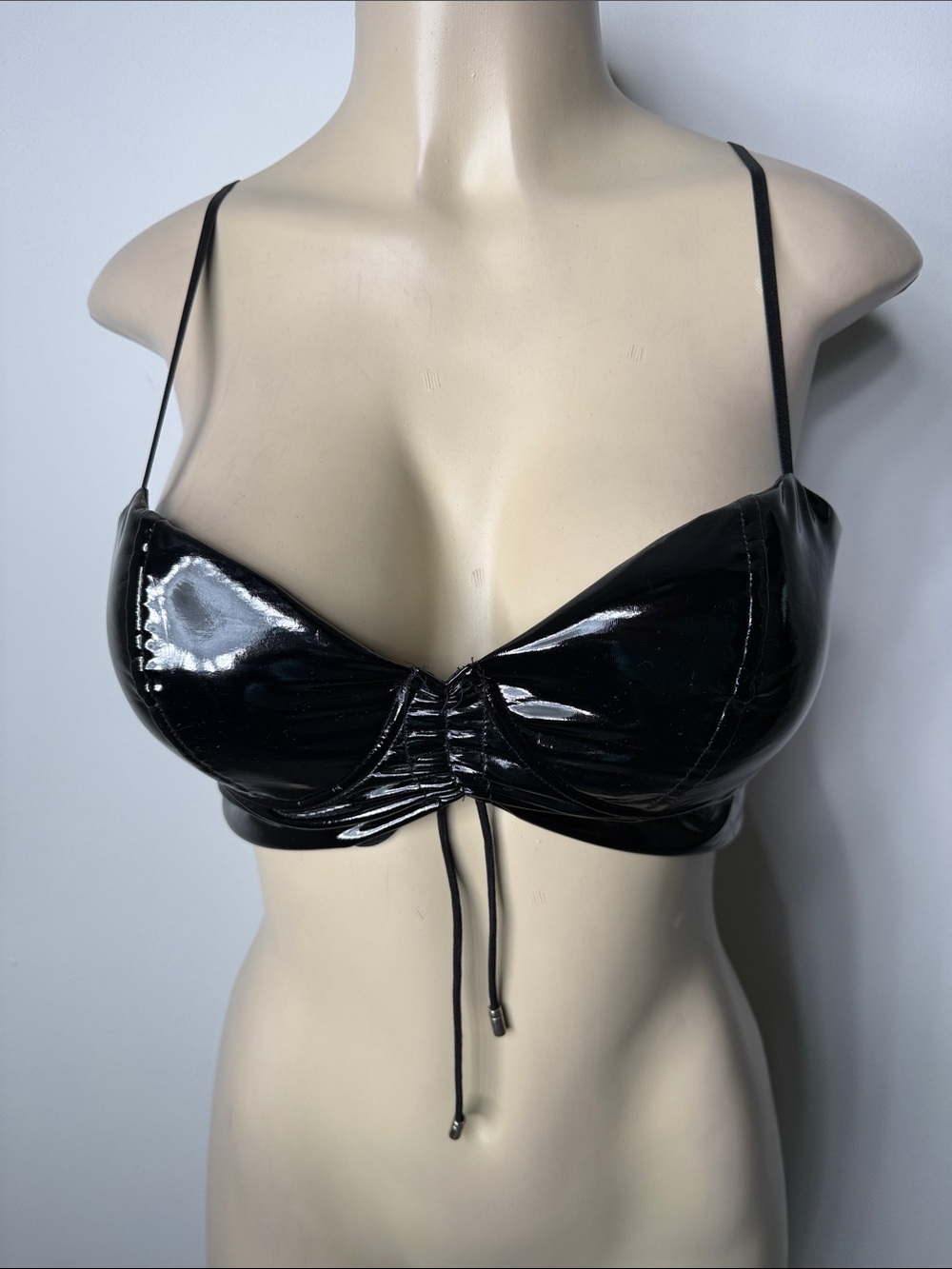 Shiny Black Drawstring Patent Bralette